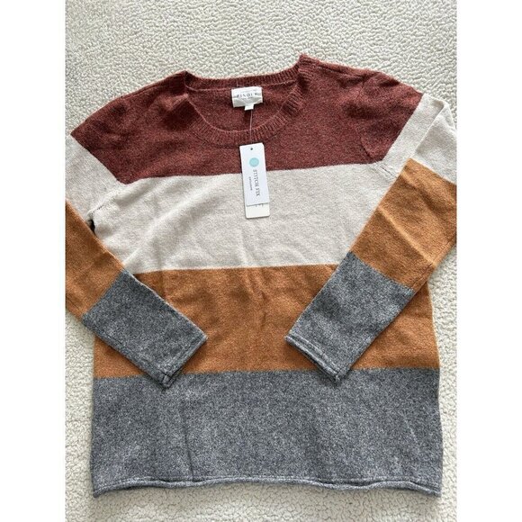Pinque Women's Gina Crew Neck Striped Pullover Sweater Rust Stone Combo Size XL - Picture 2 of 4